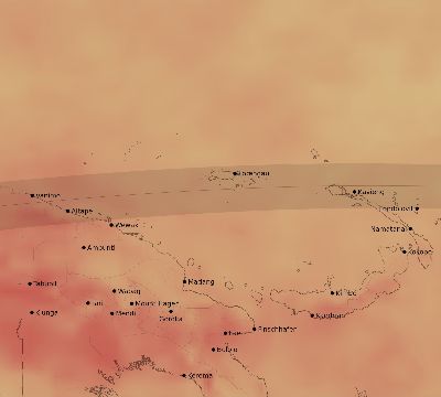 Map of the average cloud coverage across Papua New Guinea for the solar eclipse of 08/25/2128
