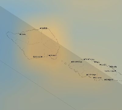 Map of the average cloud coverage across Samoa for the solar eclipse of 08/25/2128