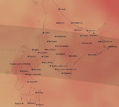 Map of the average cloud coverage across Japan for the solar eclipse of 08/15/2129