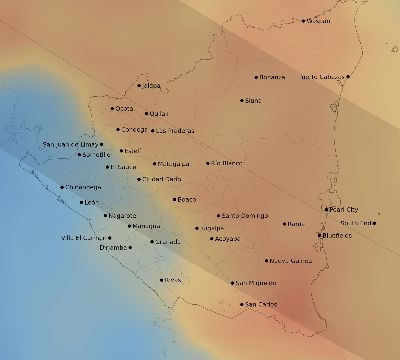 Map of the average cloud coverage across Nicaragua for the solar eclipse of 12/19/2131