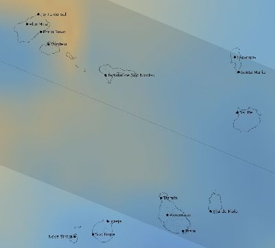 Map of the average cloud coverage across Cape Verde for the solar eclipse of 06/13/2132