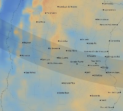 Map of the average cloud coverage across Argentina for the solar eclipse of 12/07/2132