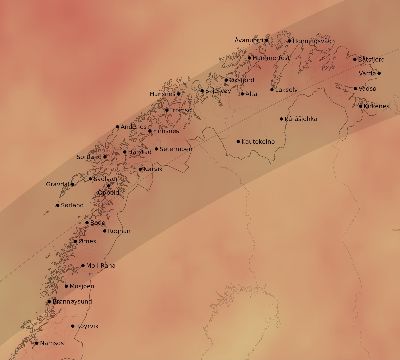 Map of the average cloud coverage across Norway for the solar eclipse of 06/03/2133