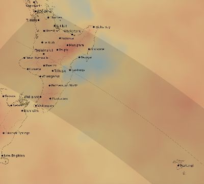Map of the average cloud coverage across New Zealand for the solar eclipse of 11/26/2133
