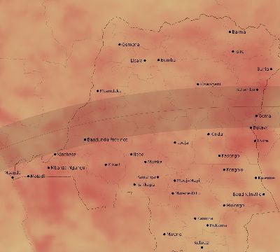 Map of the average cloud coverage across DR Congo for the solar eclipse of 04/13/2135