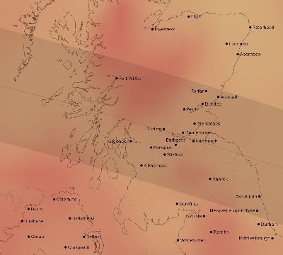 Map of the average cloud coverage across United Kingdom for the solar eclipse of 10/07/2135