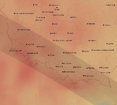 Map of the average cloud coverage across Poland for the solar eclipse of 10/07/2135