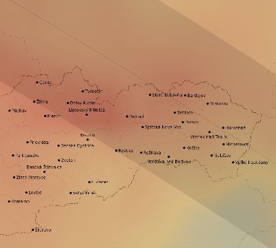 Map of the average cloud coverage across Slovakia for the solar eclipse of 10/07/2135