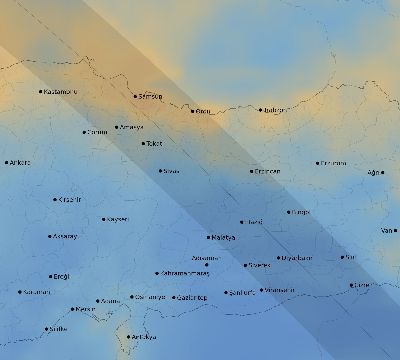 Map of the average cloud coverage across Turkey for the solar eclipse of 10/07/2135