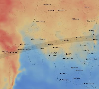 Map of the average cloud coverage across DR Congo for the solar eclipse of 07/14/2140