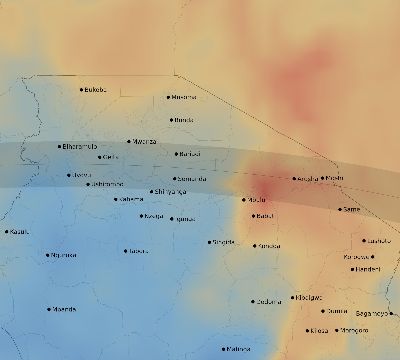 Map of the average cloud coverage across Tanzania for the solar eclipse of 07/14/2140