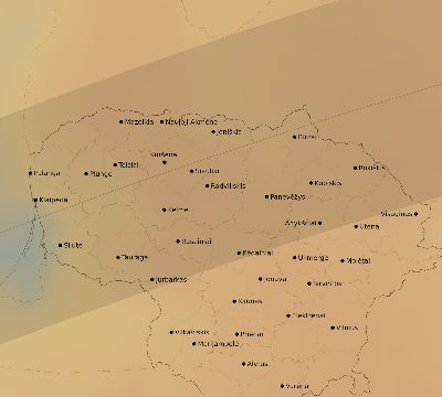 Map of the average cloud coverage across Lithuania for the solar eclipse of 05/25/2142