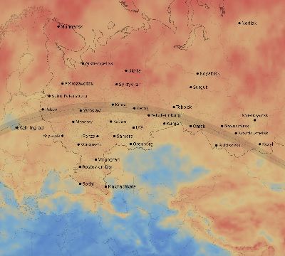 Map of the average cloud coverage across Russia for the solar eclipse of 05/25/2142