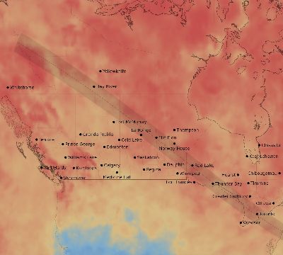 Map of the average cloud coverage across Canada for the solar eclipse of 10/26/2144