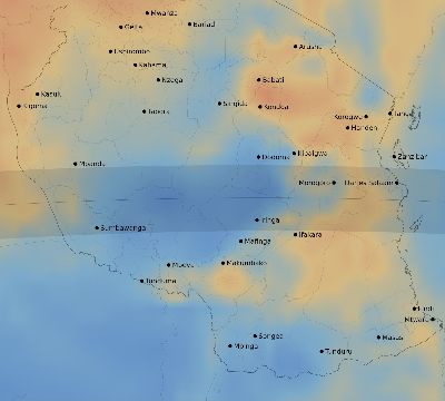 Map of the average cloud coverage across Tanzania for the solar eclipse of 09/06/2146