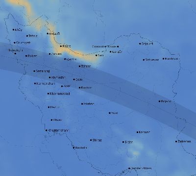 Map of the average cloud coverage across Iran for the solar eclipse of 08/26/2147