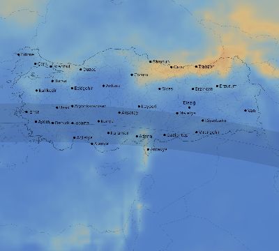 Map of the average cloud coverage across Turkey for the solar eclipse of 08/26/2147