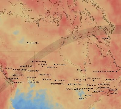 Map of the average cloud coverage across Canada for the solar eclipse of 06/14/2151