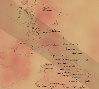 Map of the average cloud coverage across United Kingdom for the solar eclipse of 06/14/2151