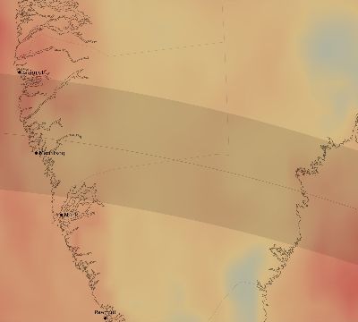 Map of the average cloud coverage across Greenland for the solar eclipse of 06/14/2151