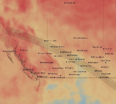 Map of the average cloud coverage across Canada for the solar eclipse of 10/17/2153