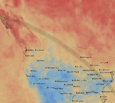 Map of the average cloud coverage across United States for the solar eclipse of 10/17/2153