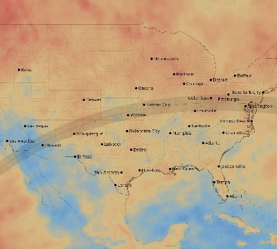 Map of the average cloud coverage across United States for the solar eclipse of 04/12/2154