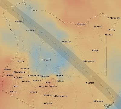 Map of the average cloud coverage across Kenya for the solar eclipse of 10/07/2154