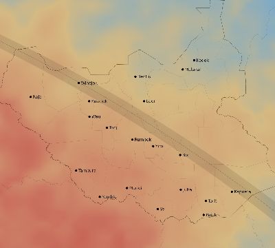 Map of the average cloud coverage across South Sudan for the solar eclipse of 10/07/2154