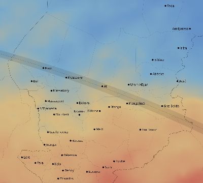 Map of the average cloud coverage across Chad for the solar eclipse of 10/07/2154