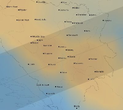 Map of the average cloud coverage across Bosnia and Herzegovina for the solar eclipse of 08/05/2157