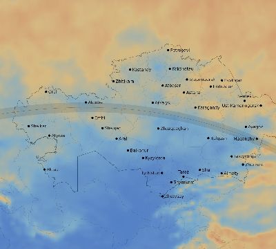 Map of the average cloud coverage across Kazakhstan for the solar eclipse of 08/05/2157
