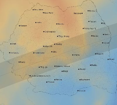 Map of the average cloud coverage across Romania for the solar eclipse of 08/05/2157