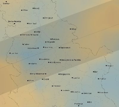 Map of the average cloud coverage across Serbia for the solar eclipse of 08/05/2157