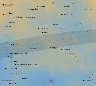 Map of the average cloud coverage across Russia for the solar eclipse of 08/05/2157