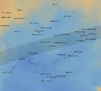 Map of the average cloud coverage across Ukraine for the solar eclipse of 08/05/2157