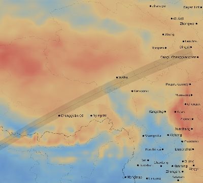 Map of the average cloud coverage across China for the solar eclipse of 01/30/2158