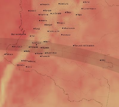Map of the average cloud coverage across Colombia for the solar eclipse of 07/25/2158