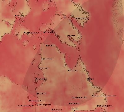 Map of the average cloud coverage across Canada for the solar eclipse of 01/19/2159