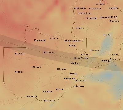 Map of the average cloud coverage across Zambia for the solar eclipse of 11/17/2161