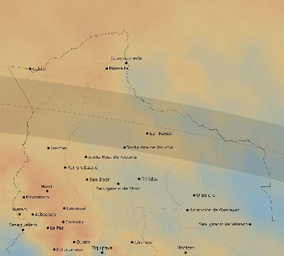 Map of the average cloud coverage across Bolivia for the solar eclipse of 09/16/2164