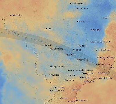 Map of the average cloud coverage across Brazil for the solar eclipse of 09/16/2164