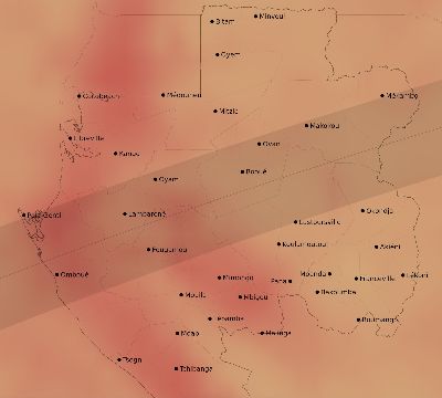 Map of the average cloud coverage across Gabon for the solar eclipse of 03/12/2165