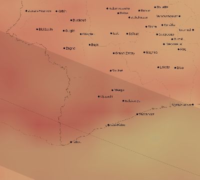 Map of the average cloud coverage across Côte d'Ivoire (Ivory Coast) for the solar eclipse of 09/05/2165