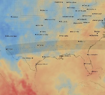 Map of the average cloud coverage across United States for the solar eclipse of 09/05/2165