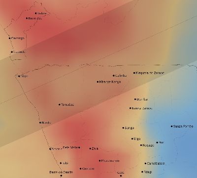 Map of the average cloud coverage across Angola for the solar eclipse of 07/05/2168