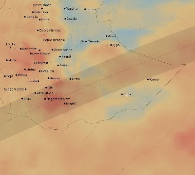 Map of the average cloud coverage across Ethiopia for the solar eclipse of 07/05/2168