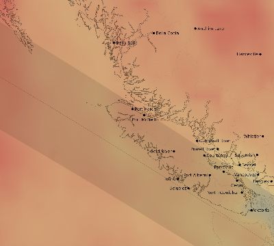 Map of the average cloud coverage across Canada for the solar eclipse of 06/25/2169
