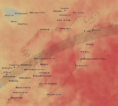 Map of the average cloud coverage across Russia for the solar eclipse of 06/25/2169