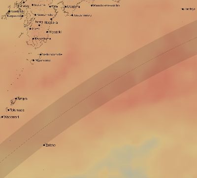 Map of the average cloud coverage across Japan for the solar eclipse of 04/23/2172